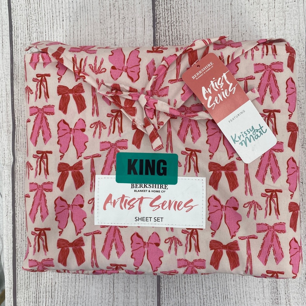Berkshire Sheet Set KING Artist Series Pink Red Bow Ribbon Krissy Mast Whimsical
